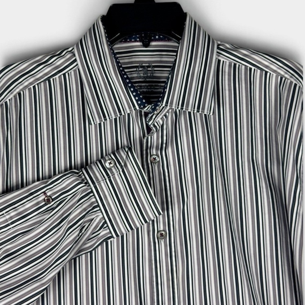 Bugatchi Uomo Dress Shirt Classic Fit Mens XL Gray Stripe Button Up Excellent